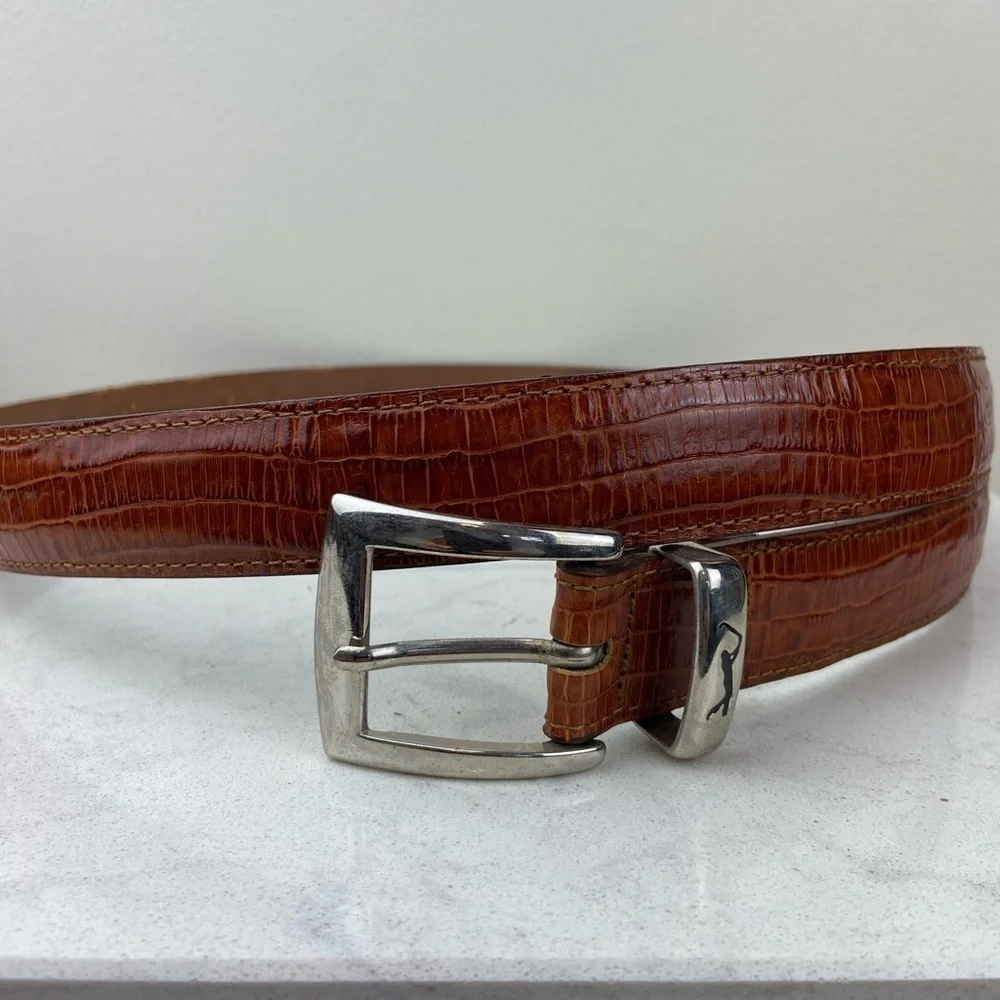 PGA TOUR TOP GRAIN MEN’S REPTILE EMBOSSED LEATHER BELT BROWN AND SILVER